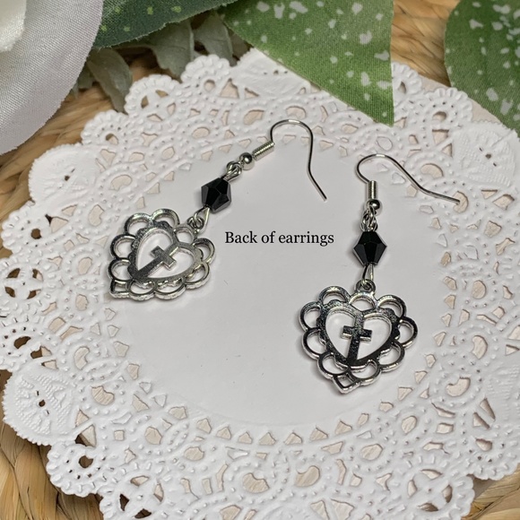 Graceful Filigree Heart Silver Cross Dangle Earrings - Picture 3 of 10